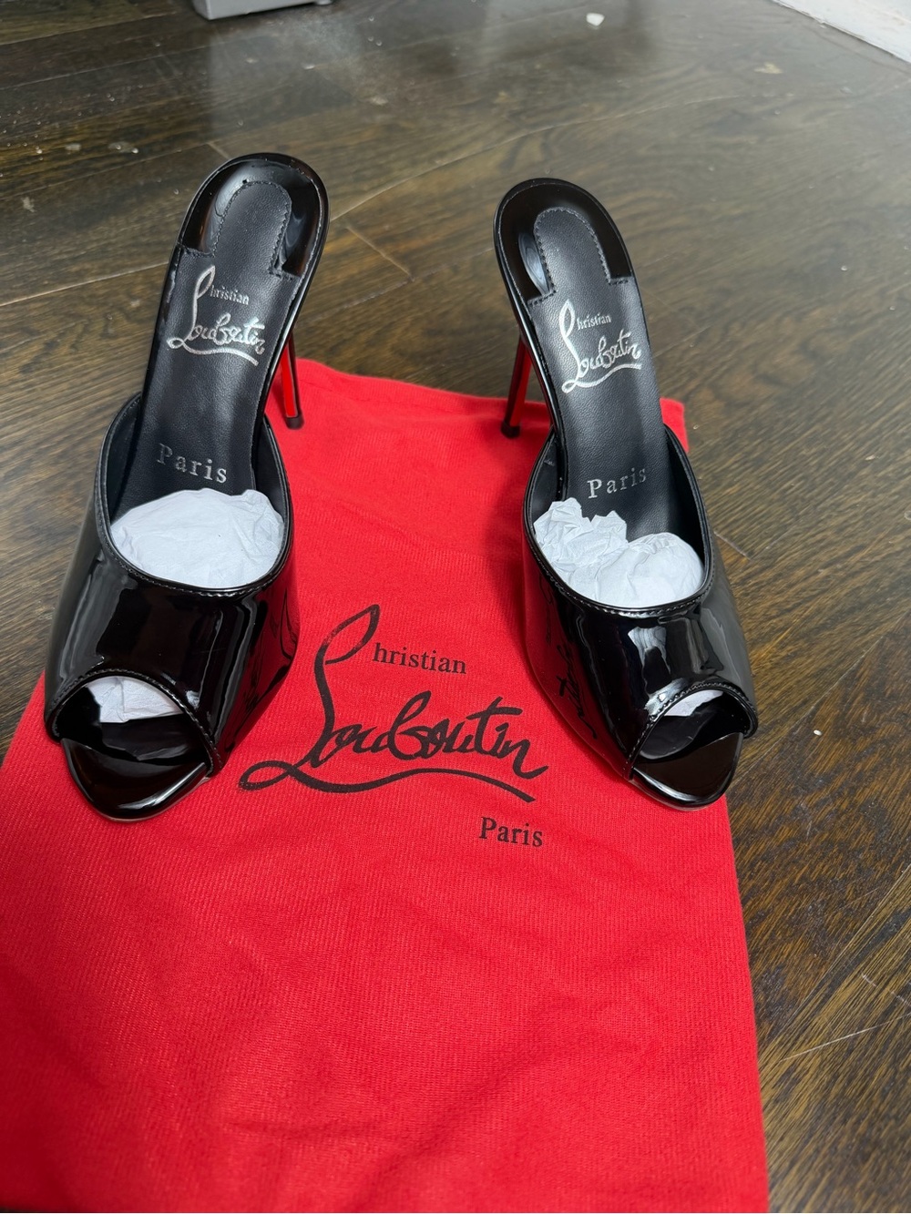 Christian Louboutin Black Patent Peep-Toe Stiletto Mules with Red Dust Bag